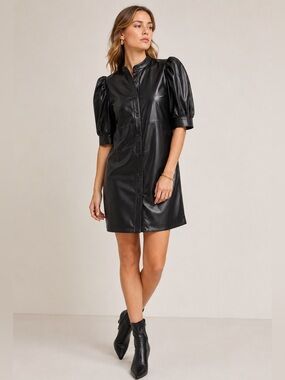 Gap Faux Leather Puff Sleeve Black Mini Shirtdress XS Petite
